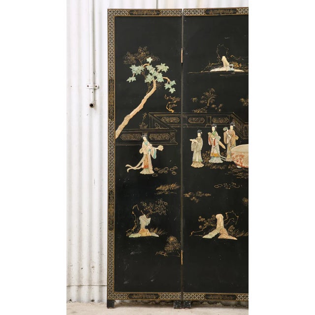 Chinese Chinese Export Four Panel Carved Soapstone Lacquered Screen For Sale - Image 3 of 13