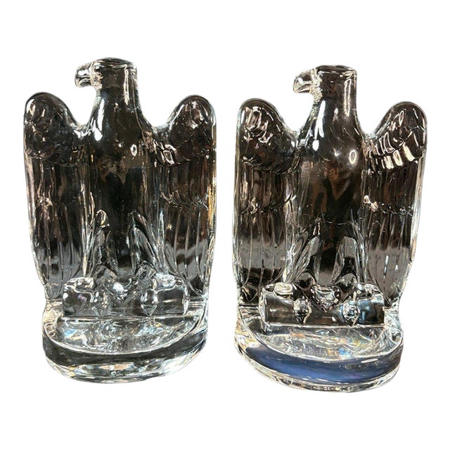 Vintage Fostoria #2585 Crystal Eagle Bookends Pair 1940-1943 Art Deco Usa For Sale
