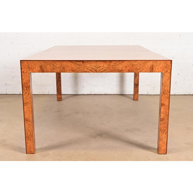 Milo Baughman Style Burl Wood Parsons Extension Dining Table, Newly Refinished For Sale - Image 14 of 15