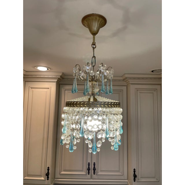 1920s French Gold Pendant Chandelier With Blue Raindrop and Crystals For Sale In New York - Image 6 of 9
