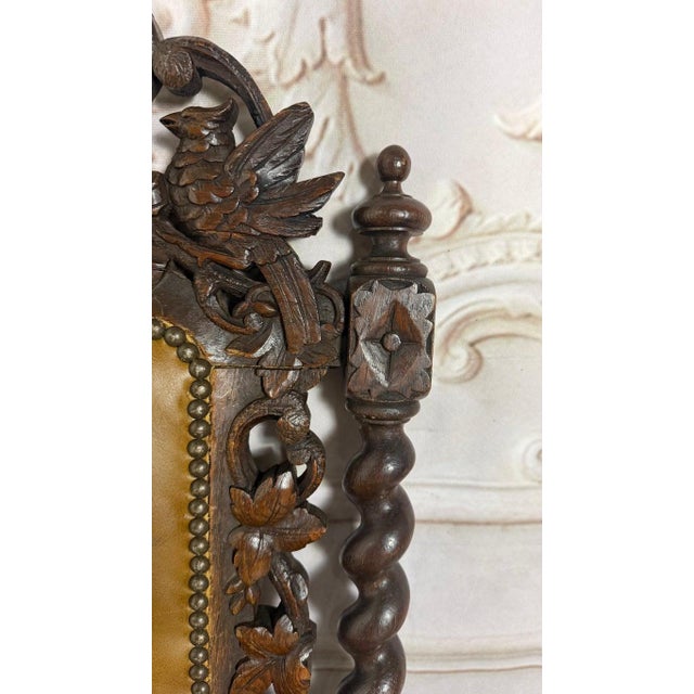 Oxblood Red Set of 6 Antique Jacobean Hunt Chairs in Heavily Carved Oak With Cognac Leather For Sale - Image 8 of 18