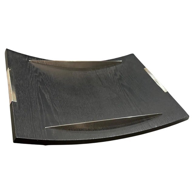 1990s Modern Curved Ebonized Wood and Sterling Silver Serving Tray by Silvan For Sale - Image 9 of 11