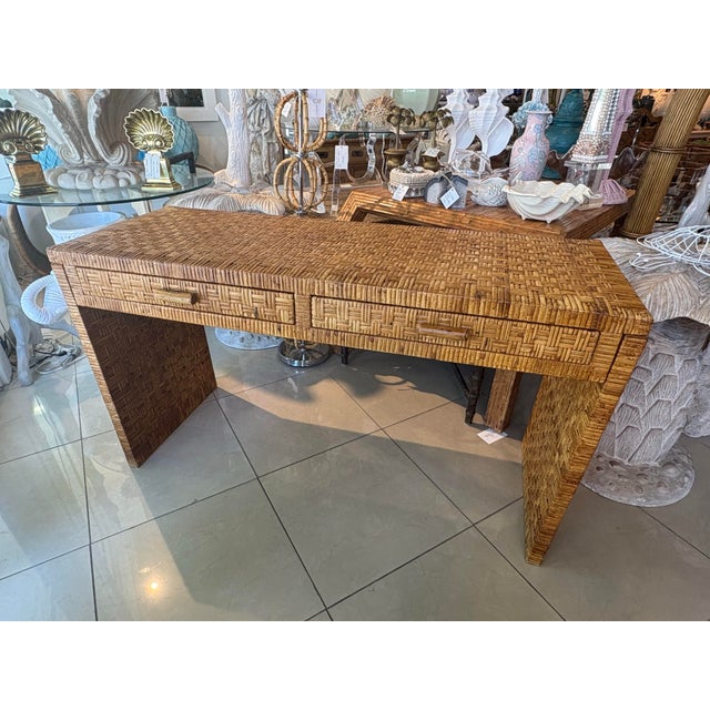 Mid-Century Modern Vintage Coastal Italian Wrapped Woven Rattan Cane Wicker Desk Drawers & Chair For Sale - Image 3 of 12