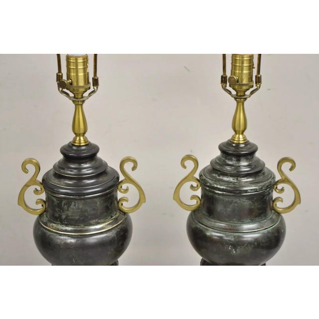 Late 20th Century Chinoiserie Asian Verdigris Green Bronze Censor Table Lamp by Wildwood - A Pair For Sale - Image 11 of 12