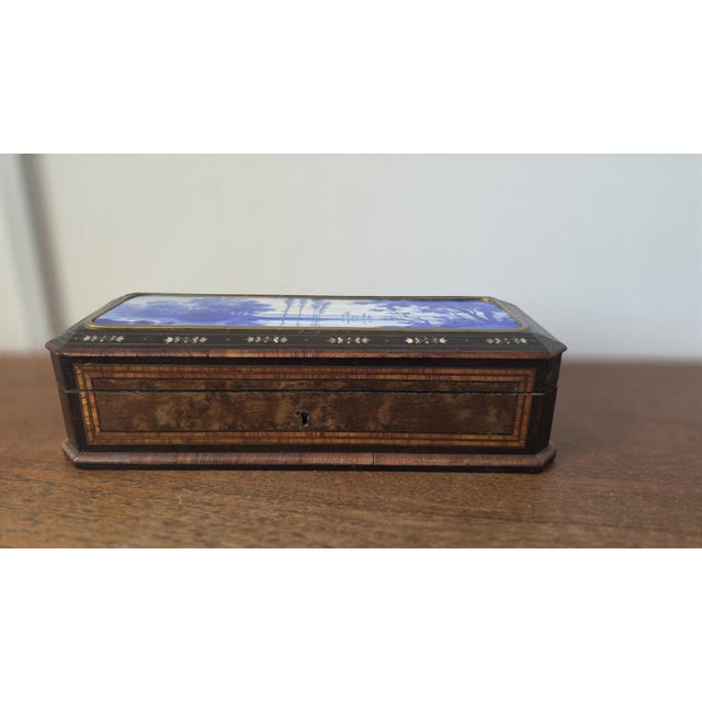 Late 19th Century Antique Victorian Jewelry Box Blue Porcelain Landscape Inlay Mother of Pearl Marquetry Wood Trinket Casket For Sale - Image 5 of 14