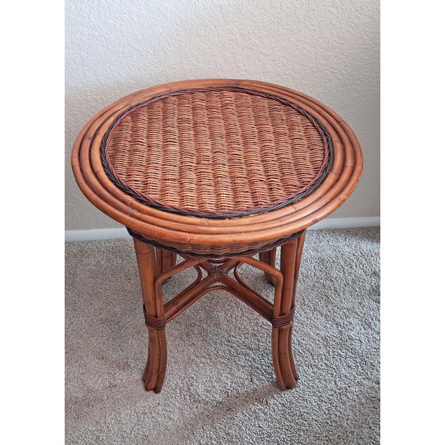 English Vintage Palecek Artisan Crafted Rattan and Wicker Round Side Table For Sale - Image 3 of 6