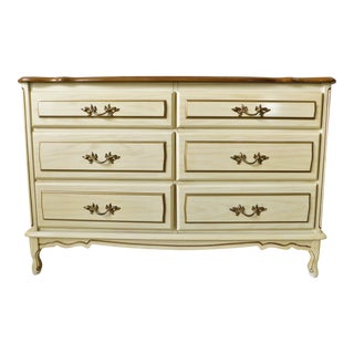 Vintage Mid Century French Provincial Ivory & Gold Wood Six Drawer Dresser For Sale