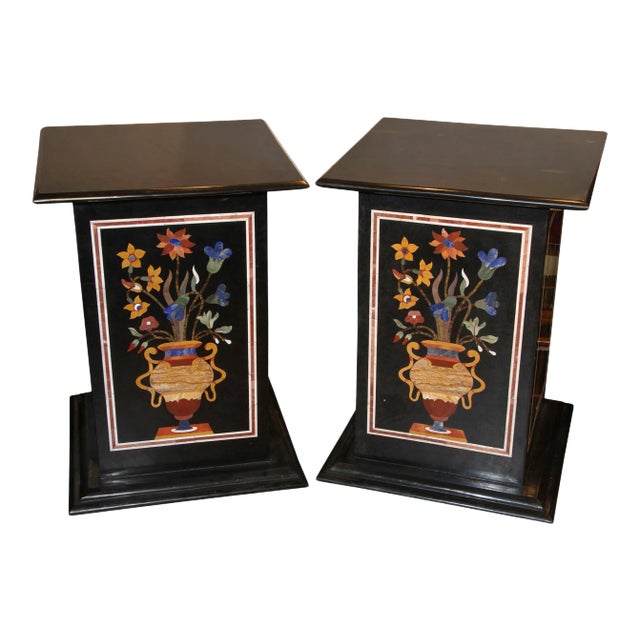 Petra Dura paneled pedestals All four sides of the pedestal repeat the same panel of inlaid stone works. Each panel is...