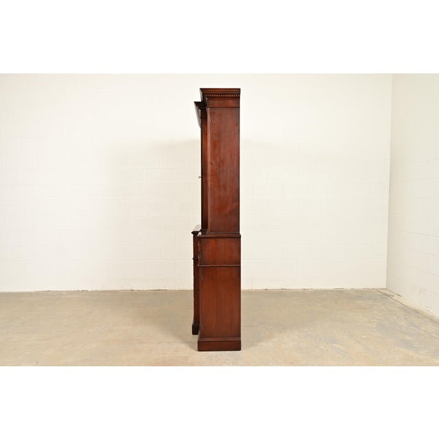 Baker Furniture Style Georgian Flame Mahogany Breakfront Bookcase Cabinet With Drop Front Secretary Desk For Sale - Image 14 of 16