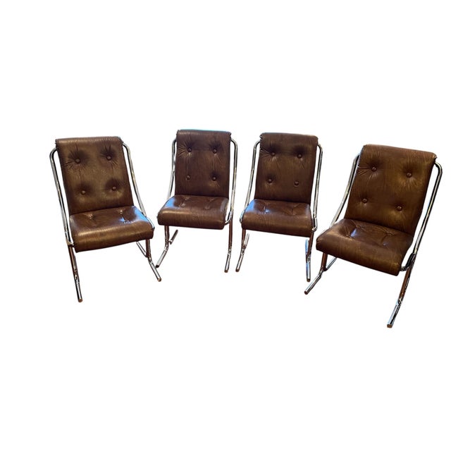 Mid-Century Modern Vintage 1970s 70s Cantilever Chrome Leatherette Dining Chairs – Milo Baughman Style Studio 54 Set of 4 For Sale - Image 3 of 10