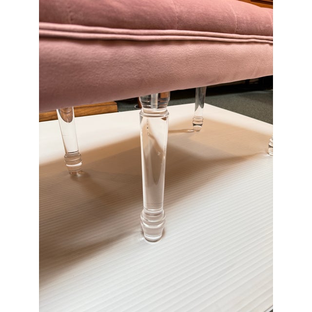 2010s Parisian Dusty Rose Velvet + Lucite Frame Custom Bench For Sale - Image 5 of 12