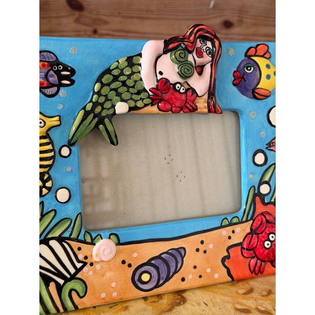 Whimsical Coastal Mermaid Hand-Painted Ceramic Glazed Picture Frame For Sale - Image 4 of 8