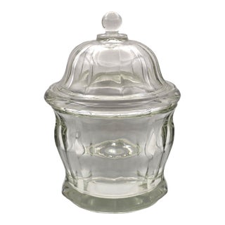 Mid 20th Century Indiana Glass Paneled Clear Apothecary Jar 8½" – Heavy Pressed Glass W/ Lid For Sale