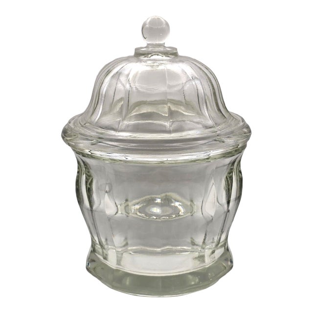 Mid 20th Century Indiana Glass Paneled Clear Apothecary Jar 8½" – Heavy Pressed Glass W/ Lid For Sale