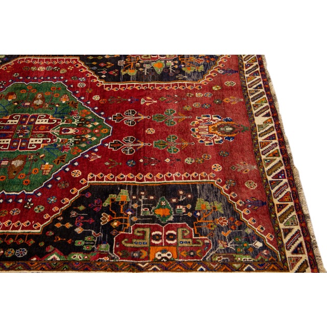 Textile Red and Green Vintage Shiraz Handmade Geometric Designed Wool Rug For Sale - Image 7 of 10