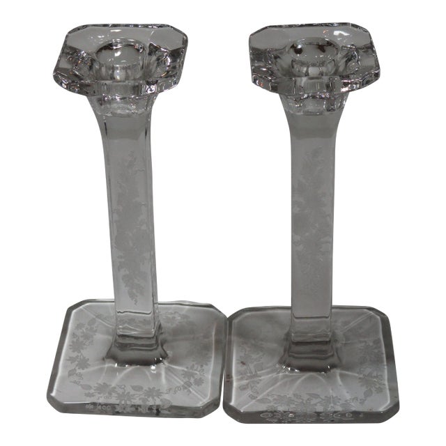 1930s Etched Floral Crystal Candle Holders, Pair For Sale