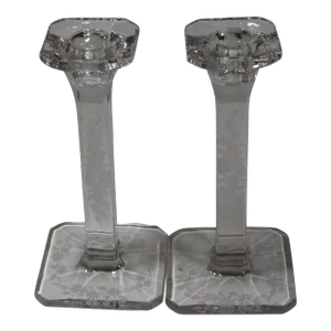 1930s Etched Floral Crystal Candle Holders, Pair