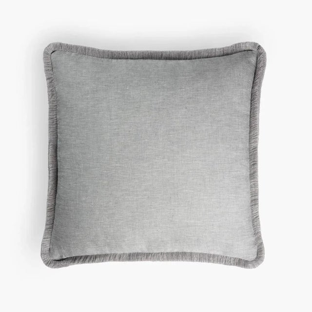 Early 21st Century Grey with Grey Fringes Happy Linen Pillow by LO DECOR for Lorenza Briola For Sale - Image 5 of 5