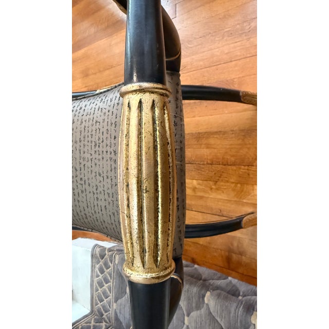 Vintage Maitland-Smith Neoclassical Black & Gilt Curule Bench With Asian Calligraphy Upholstery For Sale - Image 10 of 14