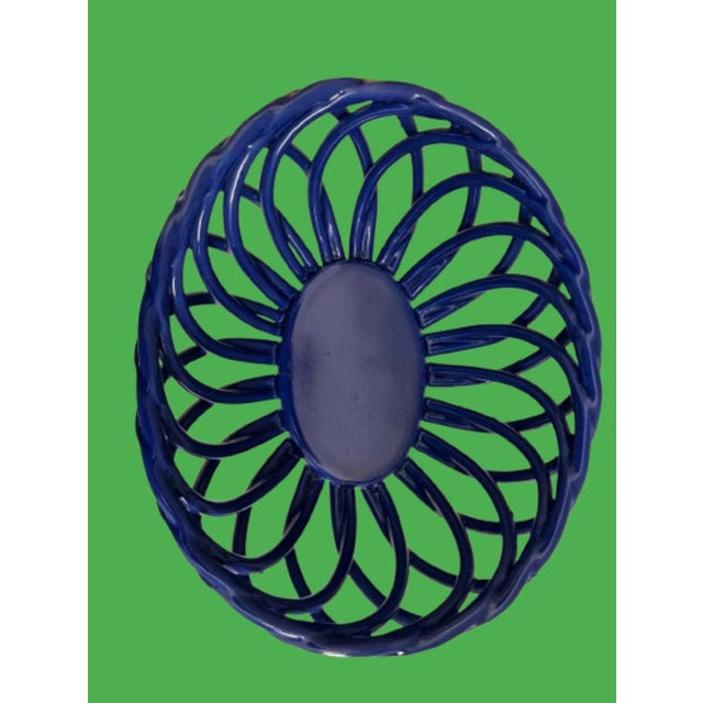 Rustic European Vintage Italian Blue Lattice Open Weave Ceramic Fruits Basket. For Sale - Image 3 of 12
