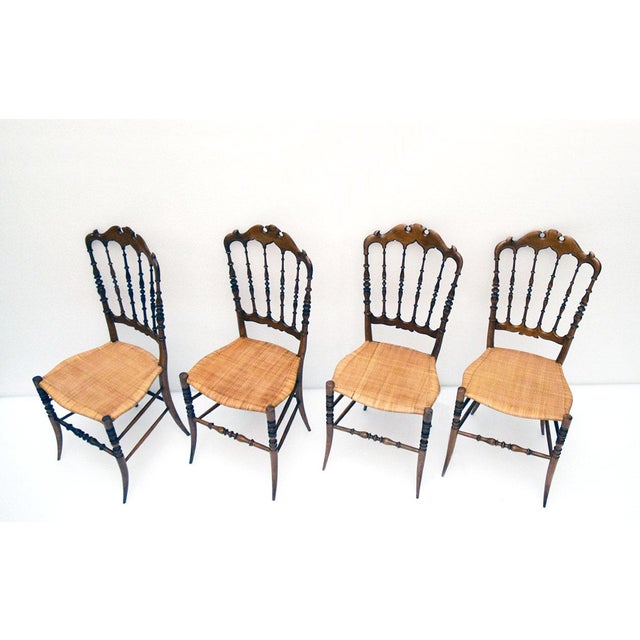 Set of 4 classic "Chiavarina" chairs early 20th century. Cherry wood frame with "crosse" backrest, turned front legs and...