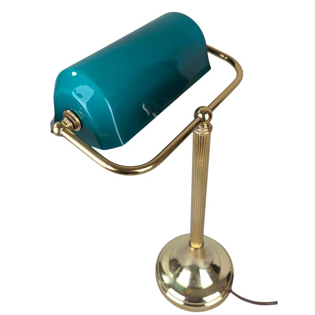 1970s Mid-Century Modern Art Deco Brass and Teal Glass Banker's Desk Lamp For Sale - Image 15 of 18