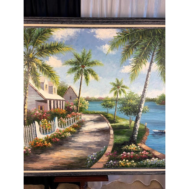 Large Mid-Century Style Coastal Tropical Palm Tree Landscape Oil Painting - Framed Fine Art For Sale In Phoenix - Image 6 of 10
