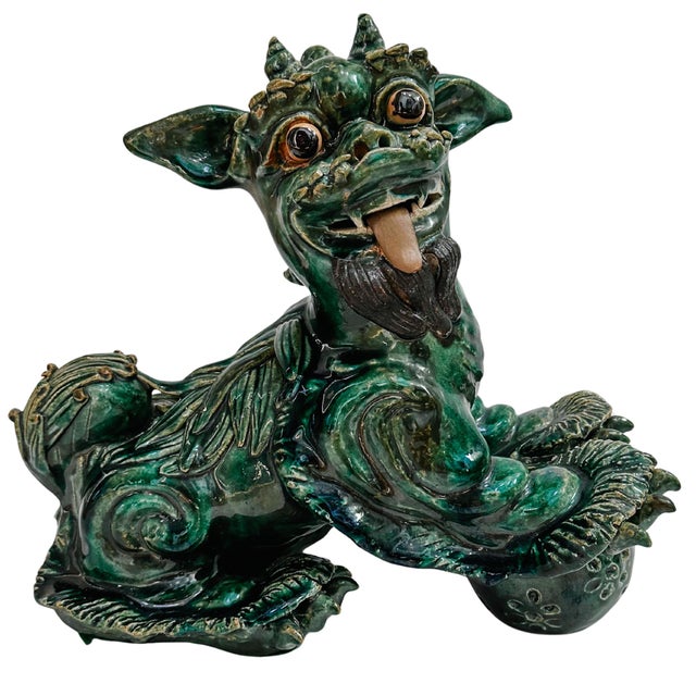 Chinoiserie Large Vintage Chinese Green Glazed Pottery Kylin Chinese Dragons - a Pair For Sale - Image 3 of 17