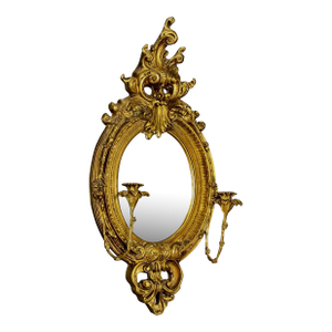 19th Century French Baroque Carved Gilt Girandole Oval Sconce Mirror With Candelabra