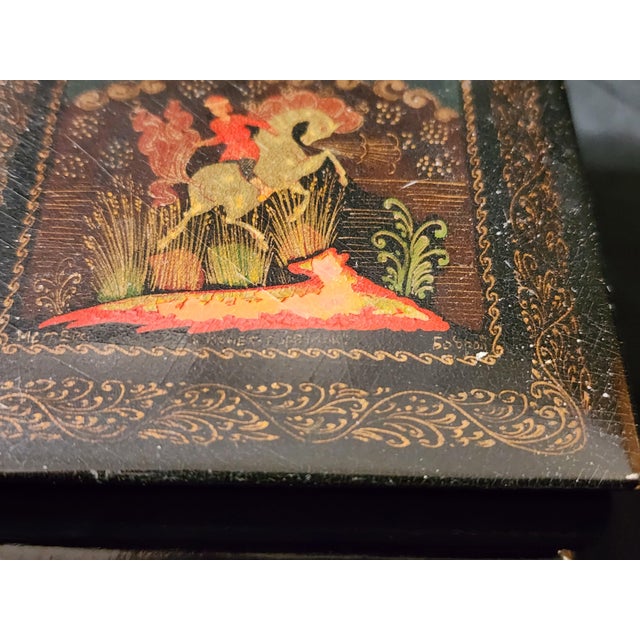 Black Vintage Hand Painted Lacquerware Palekh Miniature Table Box With Receipt From Prior Sale in 1990s For Sale - Image 8 of 17