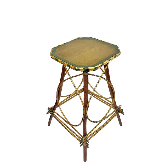 Rustic Adirondack Twig Side Table With Hand-Painted Green Accents – Folk Art Cabin Style For Sale - Image 16 of 17