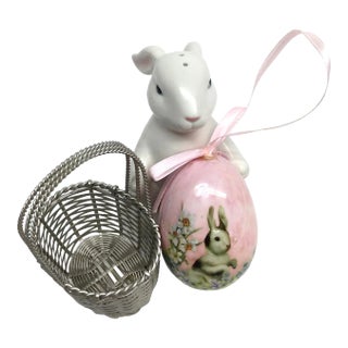 Silver Plate Basket and Porcelaine Bunny Salt Shaker and Egg Ornament For Sale