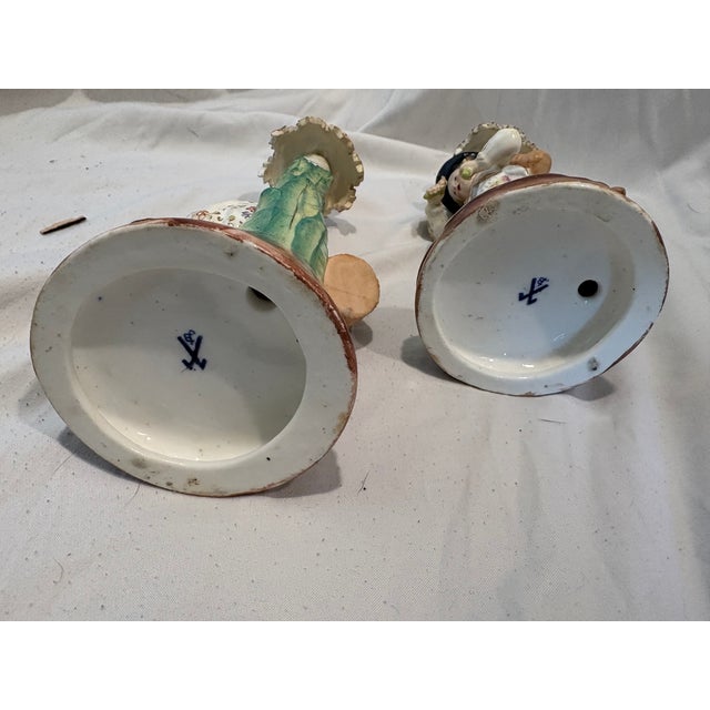 Ceramic Pair Antique Meissen Figural Candlesticks For Sale - Image 7 of 16