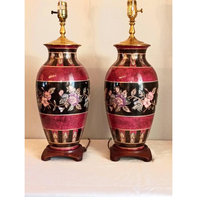 1980s Wescal Lamp Company Burgandy and Black Chinoiserie Table Lamps Set of Two W/ Imperial Pagoda Shades For Sale - Image 11 of 17