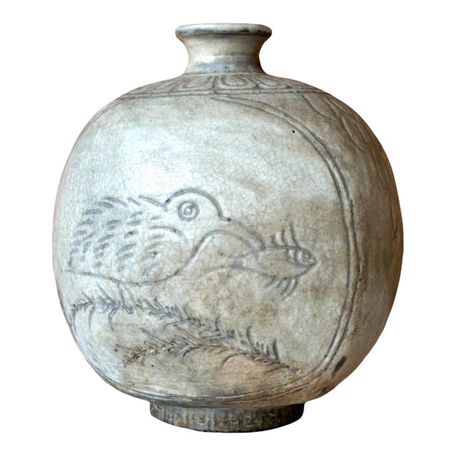 Antique Korean Buncheong Flat Bottle Vase with Incised Designs For Sale