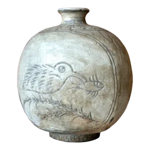 Antique Korean Buncheong Flat Bottle Vase with Incised Designs