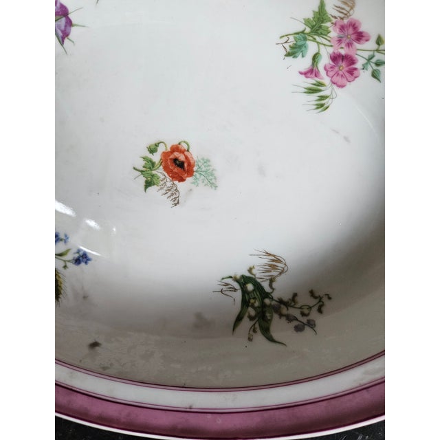 19th Century Old Paris Vegetable Bowl With Wildflowers and Rasberry Pink banding. Made For Kerr in Philadelphia who were...
