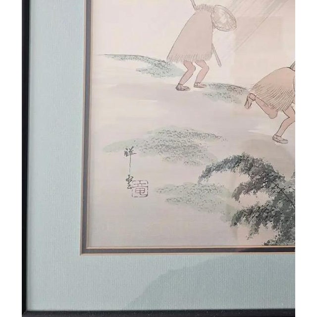 Vintage Japanese Silk Painting Signed Shoun, Travelers in Rain Nihonga Watercolor, Japandi Wall Art, Zen Landscape Decor For Sale - Image 10 of 15