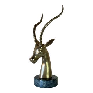 Vintage Brass Antelope Head Sculpture on Marble For Sale