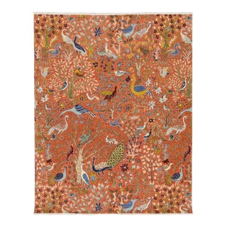 Modern Indian Hand-Knotted Wool Rug – Rust & Blue Tree of Life For Sale