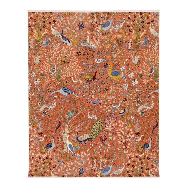 Modern Indian Hand-Knotted Wool Rug – Rust & Blue Tree of Life For Sale