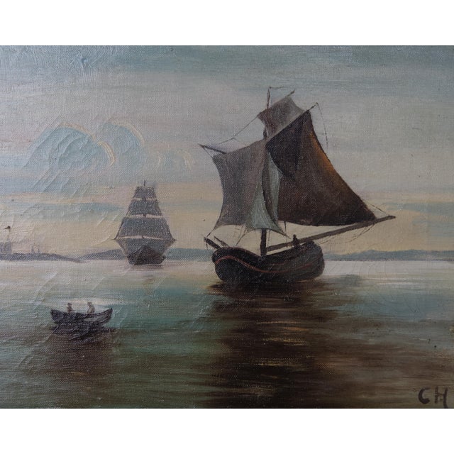 Three Sailing Ships Near Kronborg Castle in Gilt Frame, 1890s-1910s, Painting on Canvas, Framed For Sale - Image 3 of 8