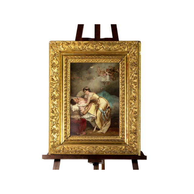 A 19th-century gallant scene painting of Greco-Roman inspiration, depicting a couple in love, executed in the School of...