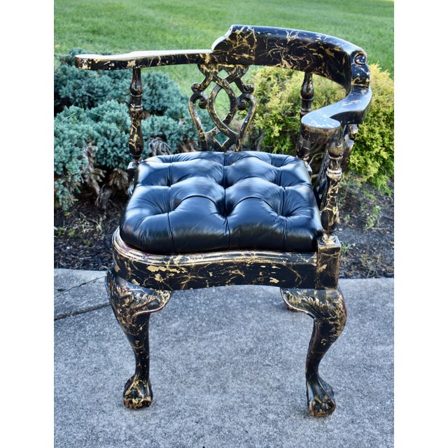 Vtg. Corner Chair Black Lacquer Gilt Chippendale Roundabout For Sale - Image 12 of 16