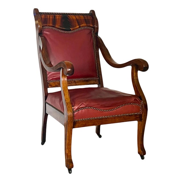 Antique Empire Flame Mahogany & Red Leather Library Armchair, Late 19th. Century Chair For Sale
