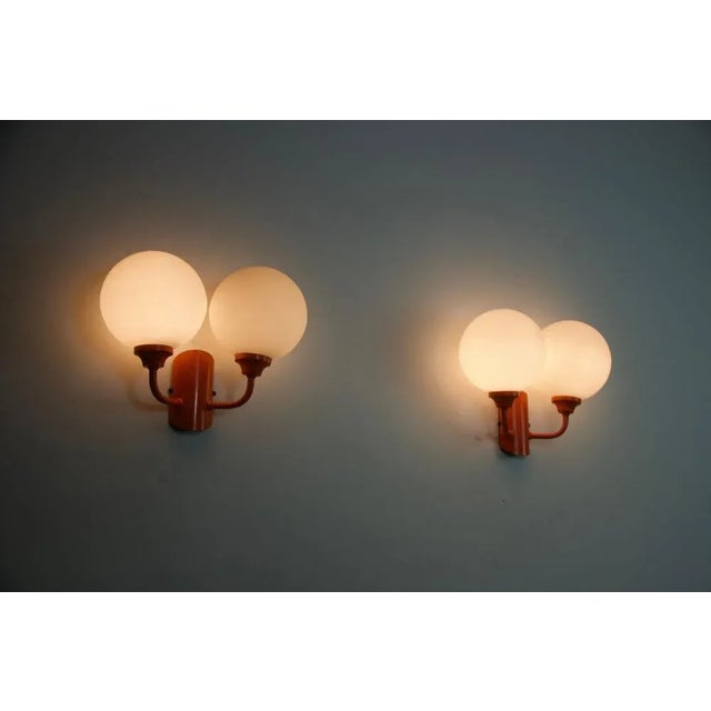 Orange Metal and Opaline Glass Wall Lamps, 1960s, Set of 2 For Sale - Image 3 of 9