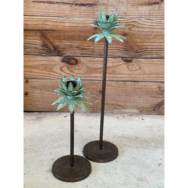 1990s Pair of Tropical Palm Tree Metal Candle Holders With Verdigris Finish For Sale - Image 5 of 8