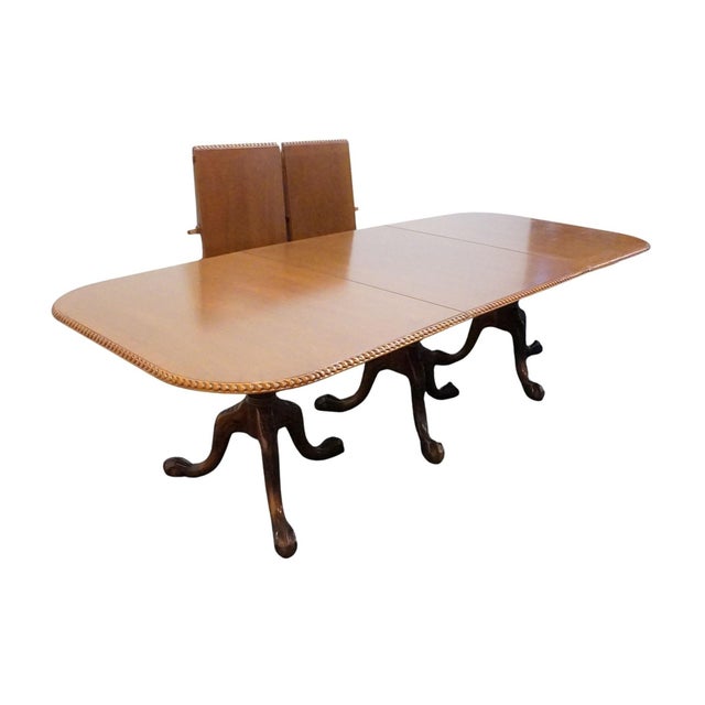 Chippendale Vintage Antique Solid Banded Mahogany Traditional Chippendale Style 152" Triple Pedestal Dining Table For Sale - Image 3 of 11