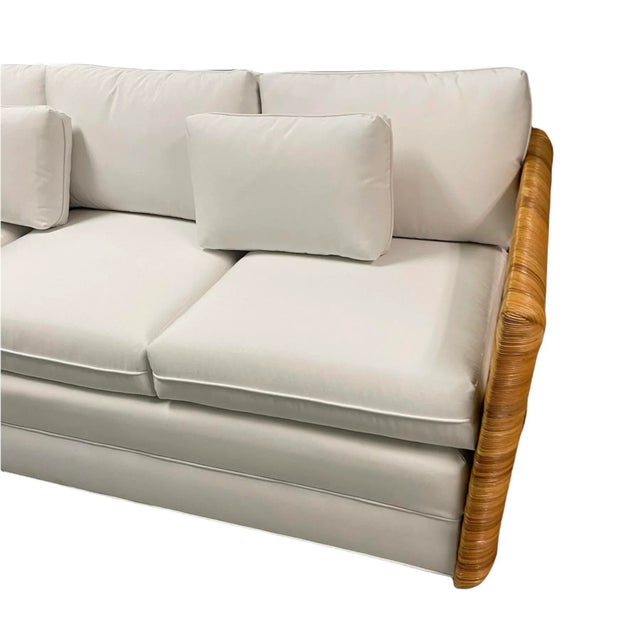 Late 20th Century Crespi Style Rattan Sofa With Quadrille White Suncloth For Sale - Image 5 of 13
