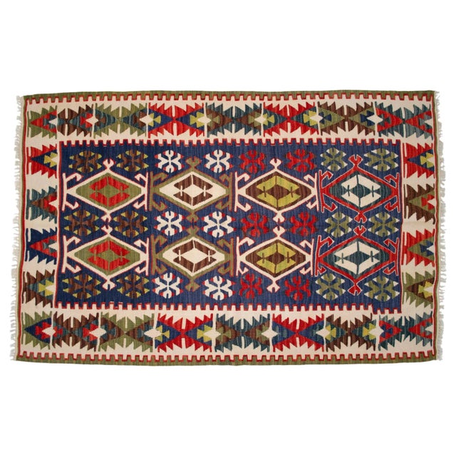 Textile Vintage Handwoven Turkish Kilim Flat Weave Rug – Boho Farmhouse Decor – Collector’s Anatolian Piece – 3′8″ X 5′10″ For Sale - Image 7 of 14